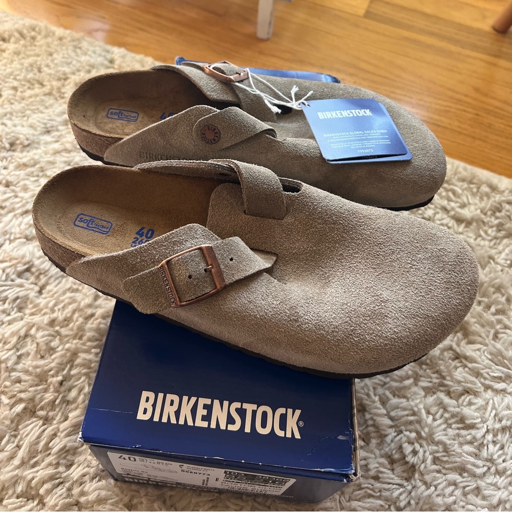 selling the taupe suede birkenstocks in a size W9/9.5 or M7 (known as size 40)